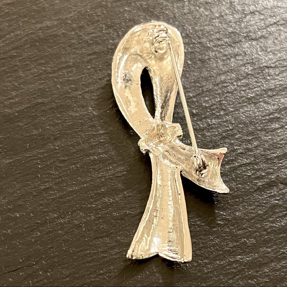 Silvertone Ribbon Rhinestone Accent Brooch - Picture 6 of 9